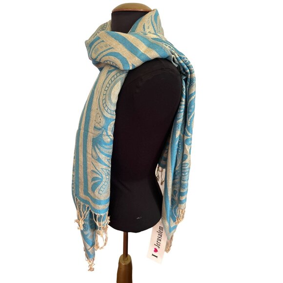 Blue & Gold Fringed Shawl/Scarf From The Holy Land - Picture 4 of 6